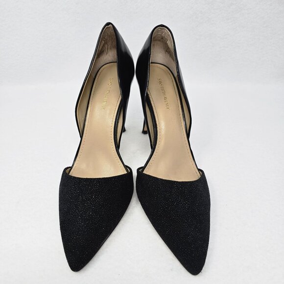 Saks Fifth Avenue Felicity Black Pointed Toe 4" High Heel Sz 9 Leather Fabric - Picture 2 of 13